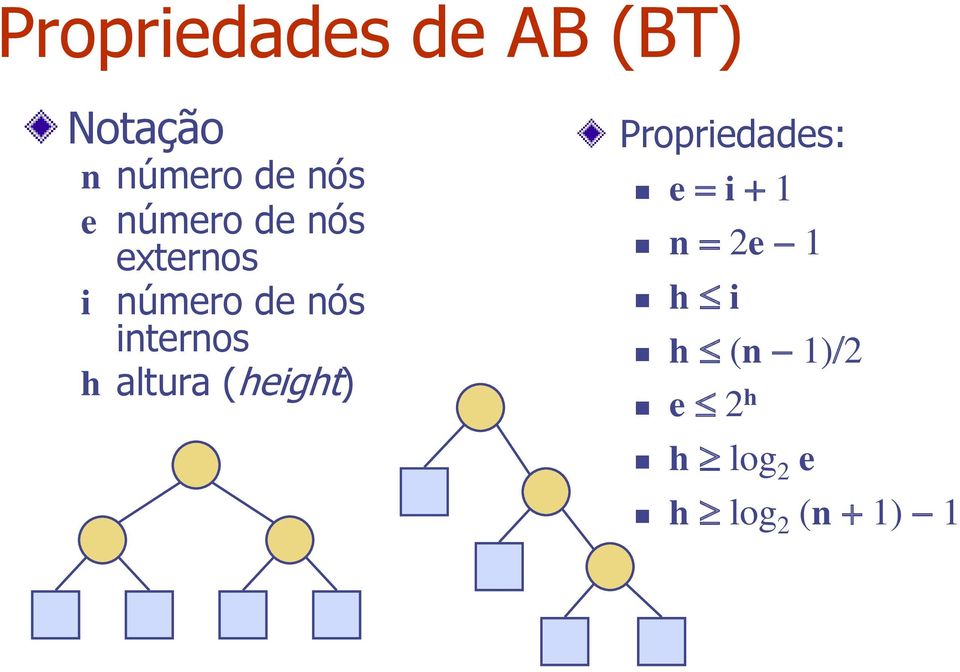 altura (height) Propriedades: e = i + 1 n = 2e - 1