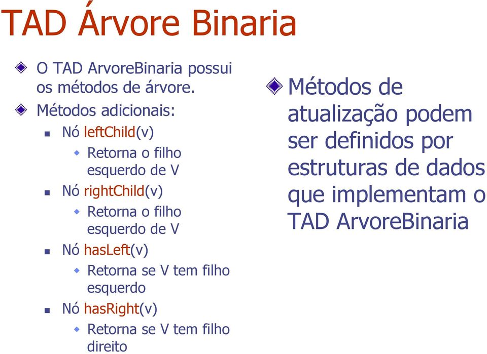 filho esquerdo de V Nó hasleft(v) Retorna se V tem filho esquerdo Nó hasright(v) Retorna se V