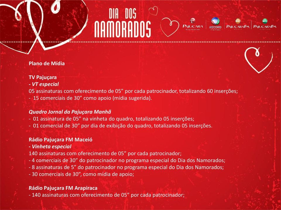 Rádio Pajuçara FM Maceió - Vinheta especial 140 assinaturas com oferecimento de 05 por cada patrocinador; - 4 comerciais de 30 do patrocinador no programa especial do Dia dos Namorados; - 8