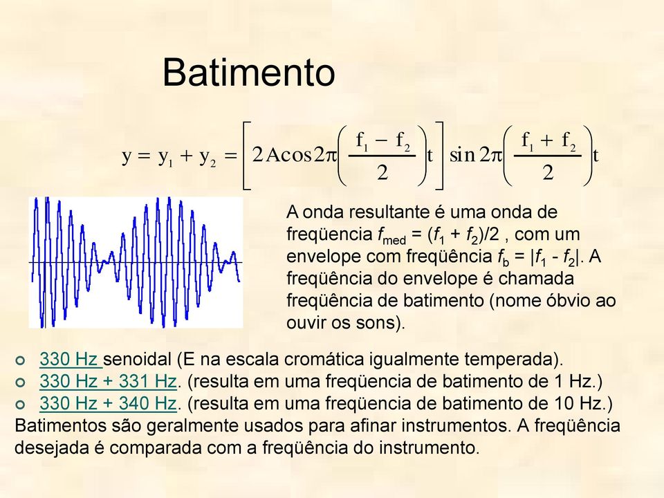 330 Hz senoidal (E na escala cromática igualmente temperada). 330 Hz + 331 Hz. (resulta em uma freqüencia de batimento de 1 Hz.) 330 Hz + 340 Hz.