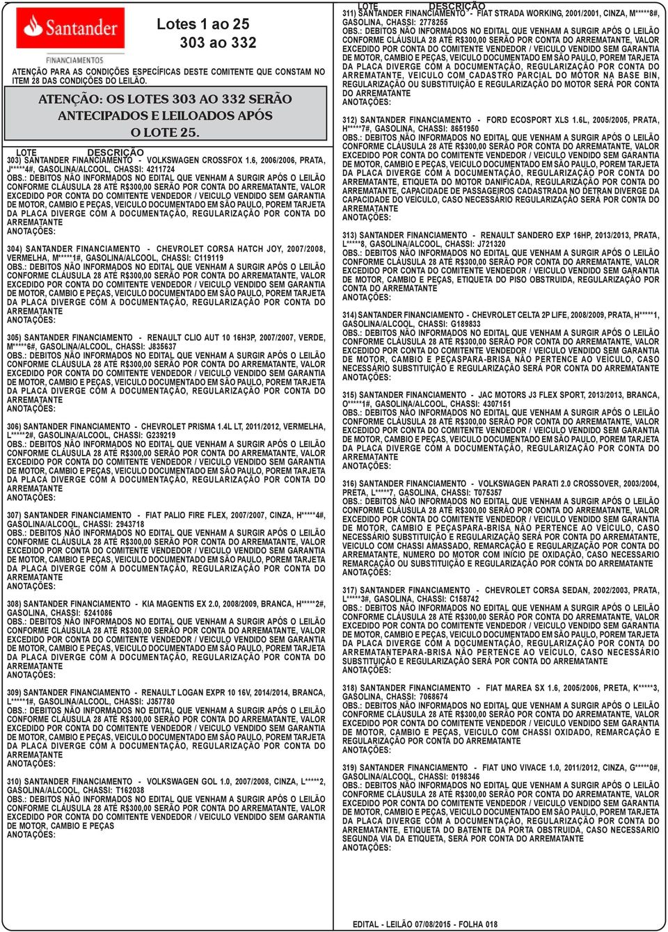 6, 2006/2006, PRATA, J*****4#, GASOLINA/ALCOOL, CHASSI: 4211724 304) SANTANDER FINANCIAMENTO - CHEVROLET CORSA HATCH JOY, 2007/2008, VERMELHA, M*****1#, GASOLINA/ALCOOL, CHASSI: C119119 305)