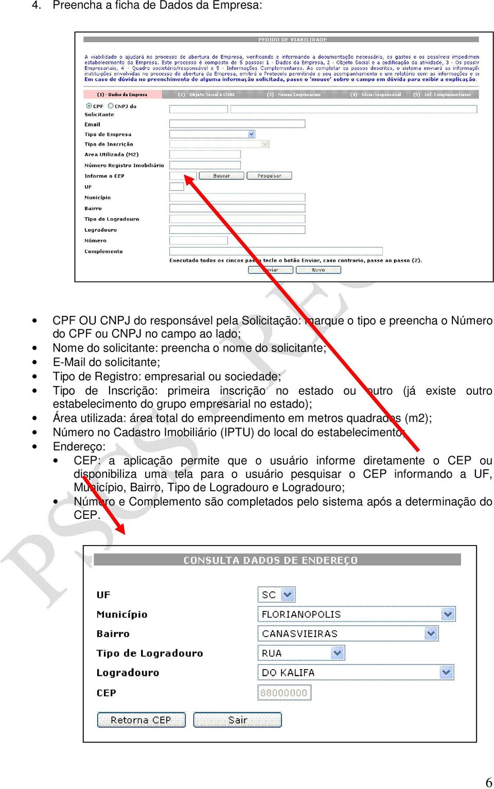 estado); Área utilizada: área total do empreendimento em metros quadrados (m2); Número no Cadastro Imobiliário (IPTU) do local do estabelecimento; Endereço: CEP: a aplicação permite que o usuário