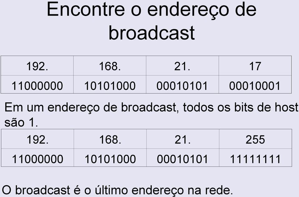 broadcast, todos os bits de host são 1. 192. 168. 21.