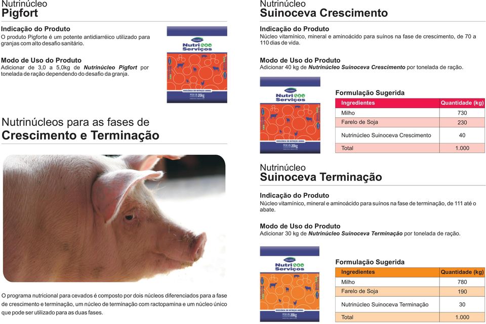 s para as fases de Crescimento e Terminação Suinoceva Crescimento 7 2 Suinoceva Terminação Núcleo vitamínico, mineral e aminoácido para suínos na fase de terminação, de 111 até o abate.