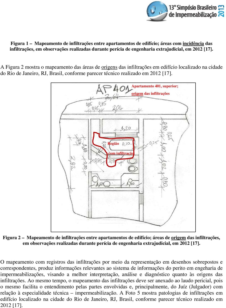 Apartamento 401, superior; origem das infiltrações Região com infiltração Figura 2 Mapeamento de infiltrações entre apartamentos de edifício; áreas de origem das infiltrações, em observações