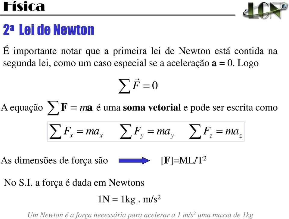 Logo A equação F = ma F = 0 é uma soma vetorial e pode ser escrita como F = ma F = ma F = ma x x y y