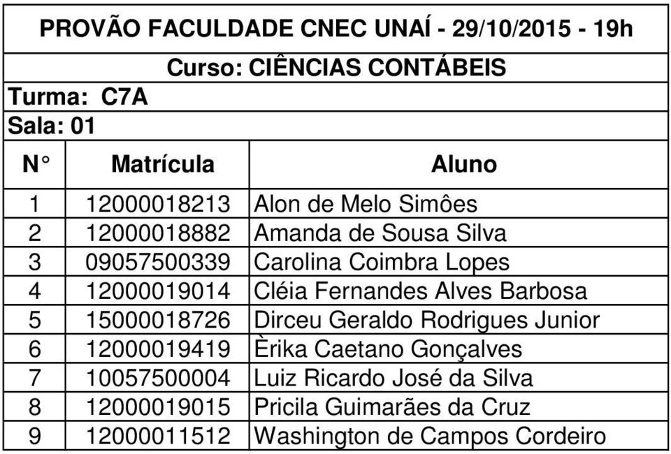 Dirceu Geraldo Rodrigues Junior 6 12000019419 Èrika Caetano Gonçalves 7 10057500004 Luiz