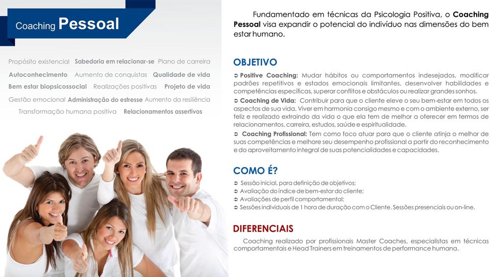 Gestão emocional Administração do estresse Aumento da resiliência Transformação humana positiva Relacionamentos assertivos Ü Positive Coaching: Mudar hábitos ou comportamentos indesejados, modificar