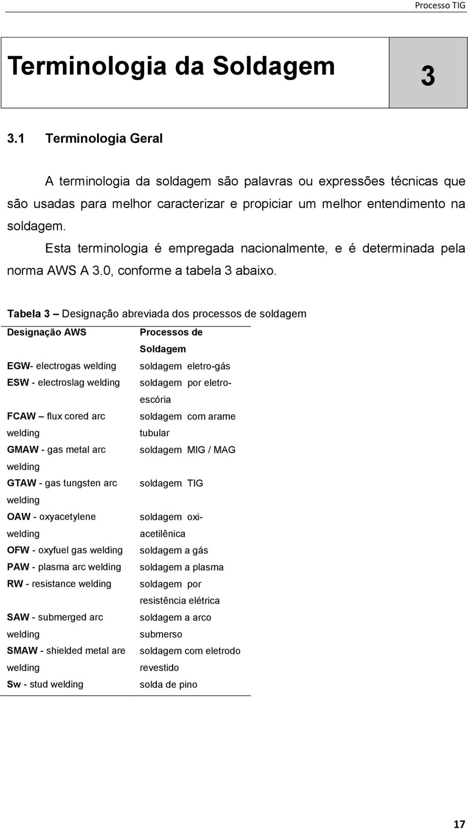 Tabela 3 Designação abreviada dos processos de soldagem Designação AWS Processos de Soldagem EGW- electrogas welding soldagem eletro-gás ESW - electroslag welding soldagem por eletroescória FCAW flux