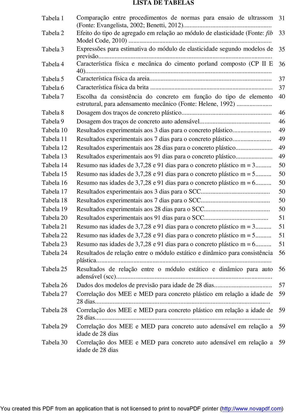 .. Tabela 3 Expressões para estimativa do módulo de elasticidade segundo modelos de 35 previsão... Tabela 4 Característica física e mecânica do cimento porland composto (CP II E 36 40).