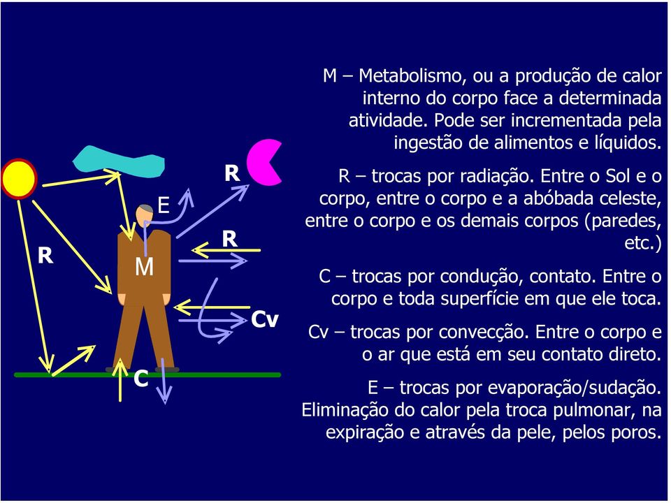 Entre o Sol e o corpo, entre o corpo e a abóbada celeste, entre o corpo e os demais corpos (paredes, etc.) C trocas por condução, contato.