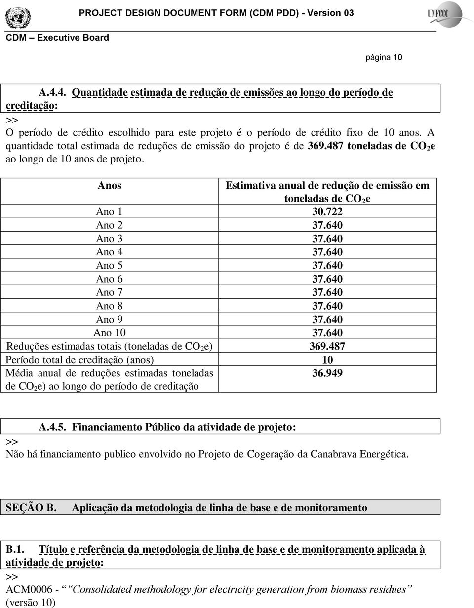 Anos Estimativa anual de redução de emissão em toneladas de CO 2 e Ano 1 30.722 Ano 2 37.640 Ano 3 37.640 Ano 4 37.640 Ano 5 37.640 Ano 6 37.640 Ano 7 37.640 Ano 8 37.640 Ano 9 37.640 Ano 10 37.