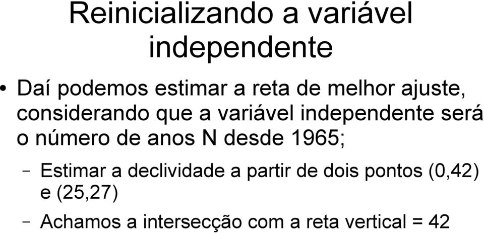 número de anos N desde 1965; Estimar a declividade a partir de dois