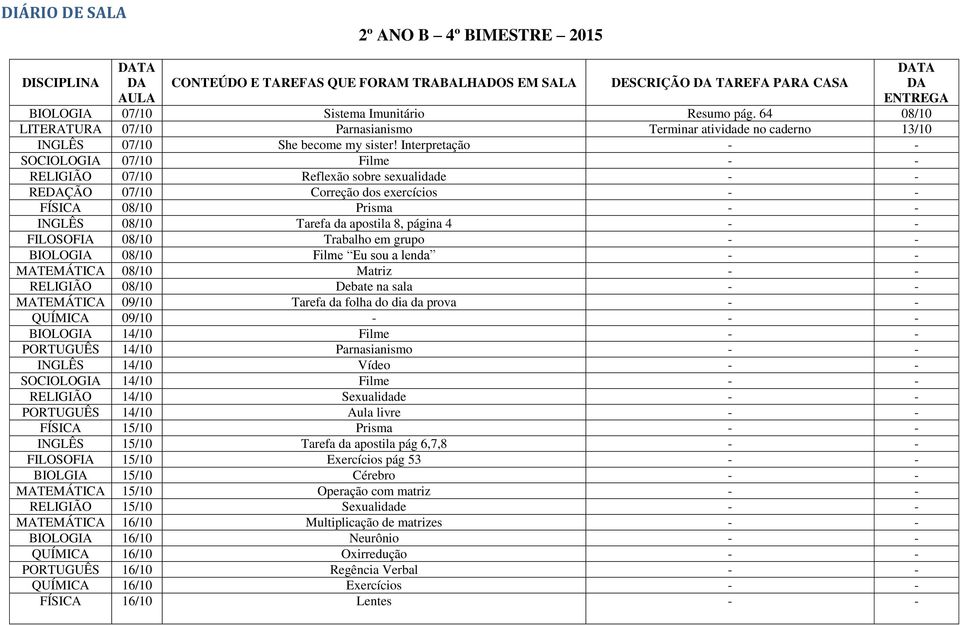 Interpretação - - SOCIOLOGIA 07/10 Filme - - RELIGIÃO 07/10 Reflexão sobre sexualidade - - REÇÃO 07/10 Correção dos exercícios - - FÍSICA 08/10 Prisma - - INGLÊS 08/10 Tarefa da apostila 8, página 4