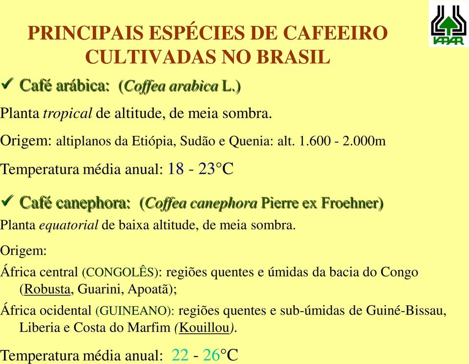 000m Temperatura média anual: 18-23 C Café canephora: (Coffea canephora Pierre ex Froehner) Planta equatorial de baixa altitude, de meia sombra.
