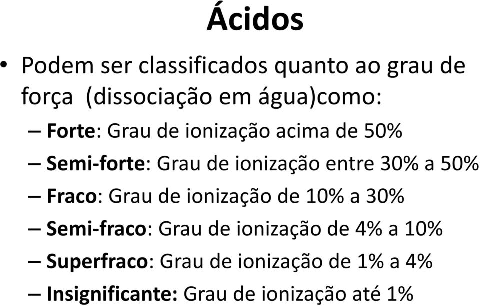 50% Fraco: Grau de ionização de 10% a 30% Semi-fraco: Grau de ionização de 4% a