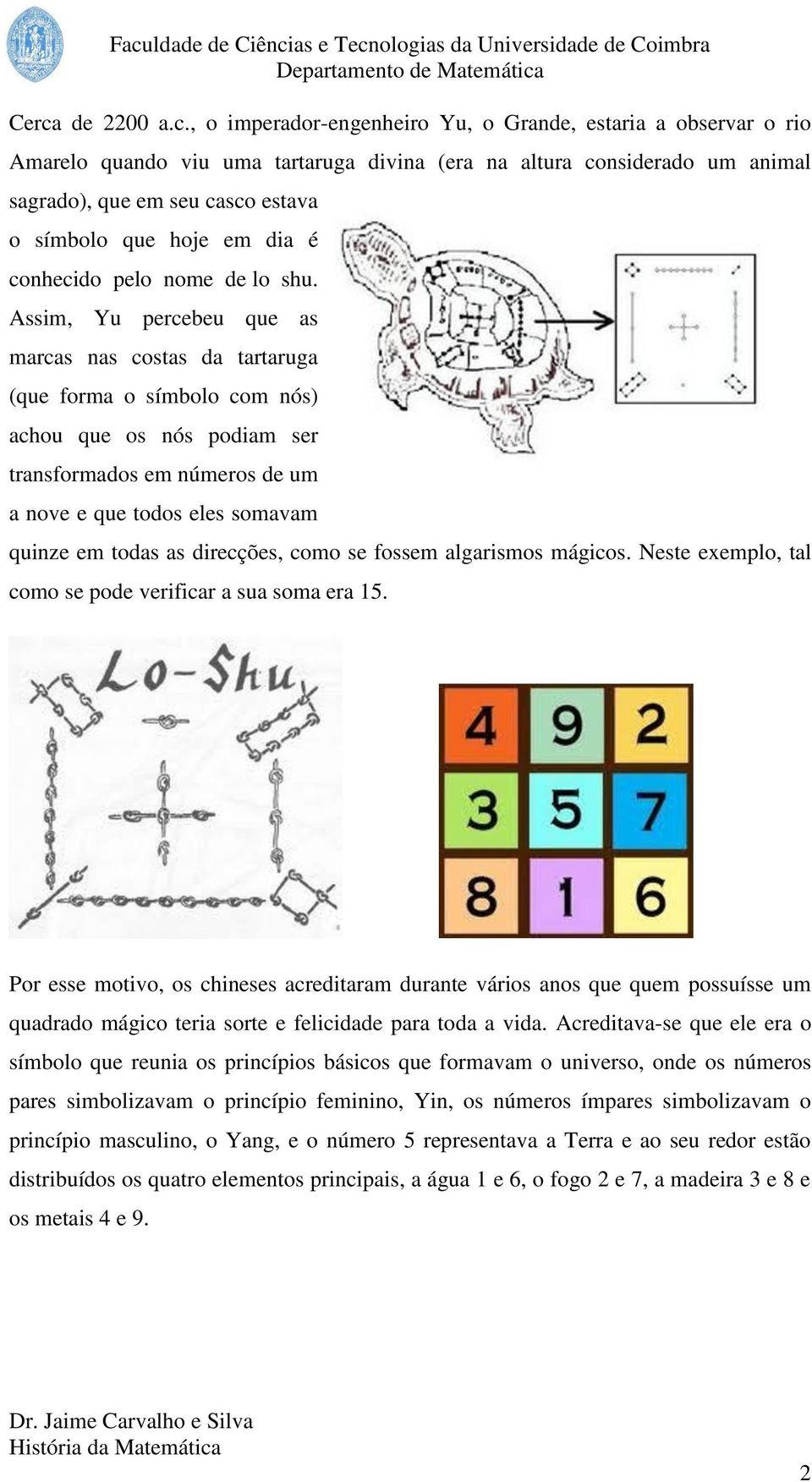 Assim, Yu percebeu que as marcas nas costas da tartaruga (que forma o símbolo com nós) achou que os nós podiam ser transformados em números de um a nove e que todos eles somavam quinze em todas as