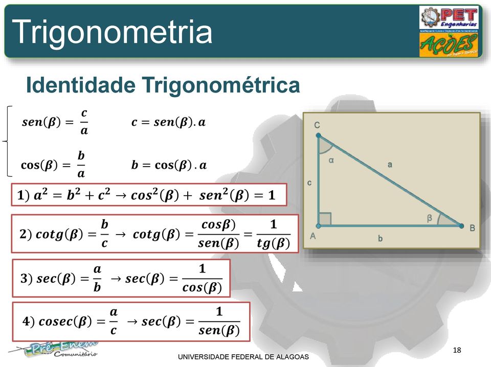 a 1) a 2 = b 2 + c 2 cos 2 β + sen 2 β = 1 2) cotg β = b c cotg β =