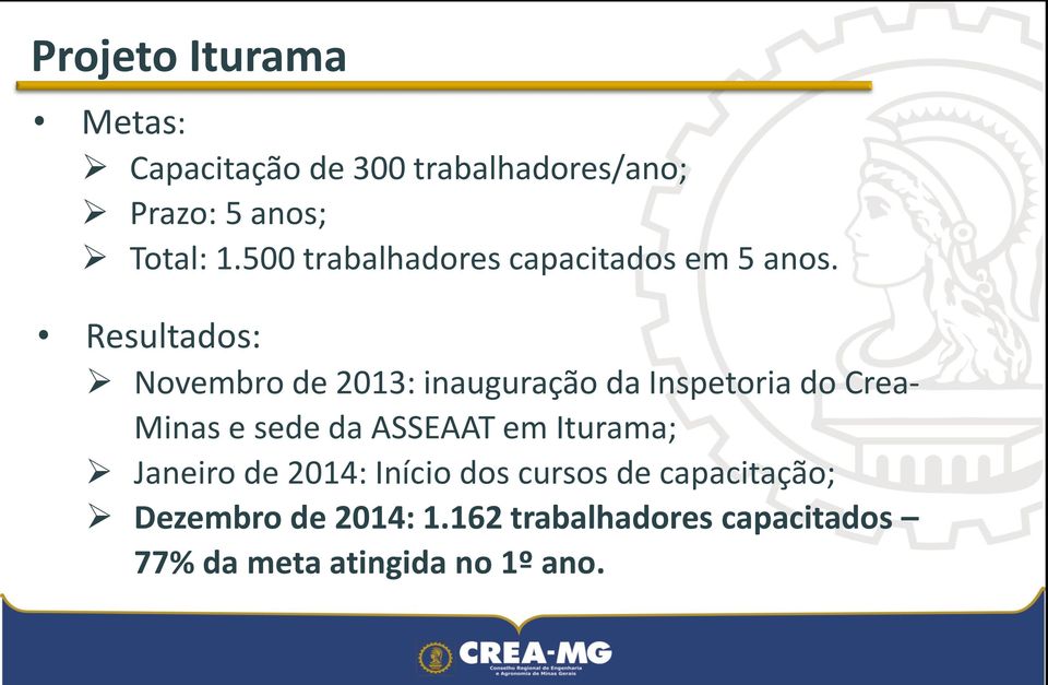 Resultados: Novembro de 2013: inauguração da Inspetoria do Crea- Minas e sede da ASSEAAT