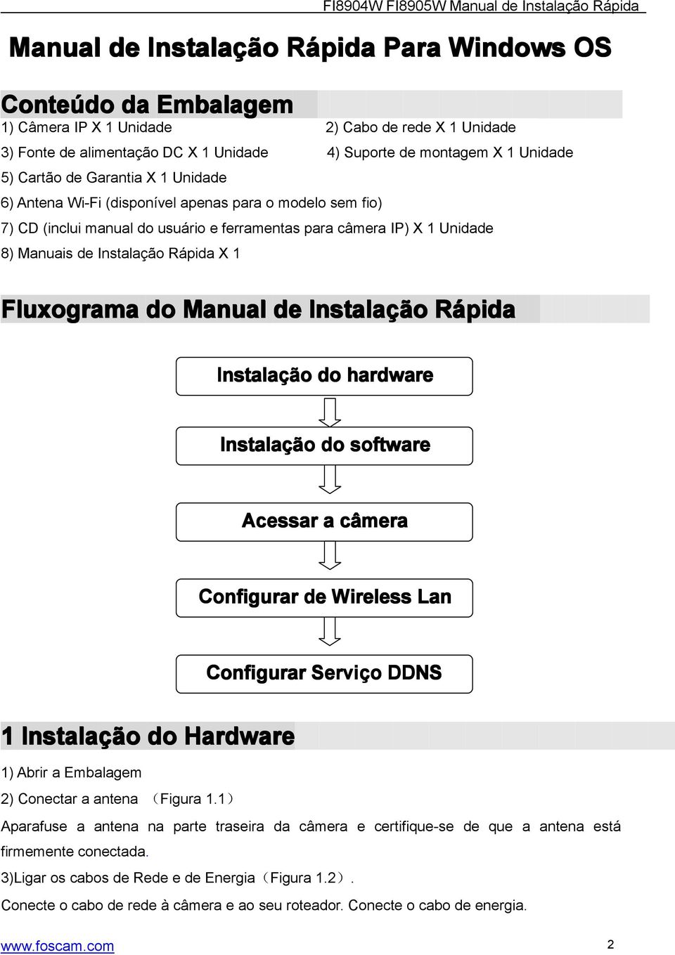 Fluxograma do Manual de Instalaçã ção Rápida Instalaçã ção do hardware Instalaçã ção do software Acessar a câmera Configurar de Wireless Lan Configurar Serviço DDNS 1 Instalaçã ção do Hardware 1)