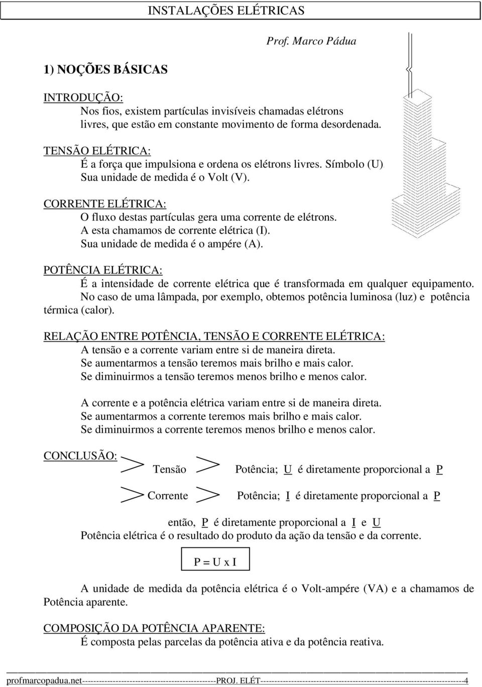 A esta chamamos de corrente elétrica (I). Sua unidade de medida é o ampére (A). POTÊNCIA ELÉTRICA: É a intensidade de corrente elétrica que é transformada em qualquer equipamento.