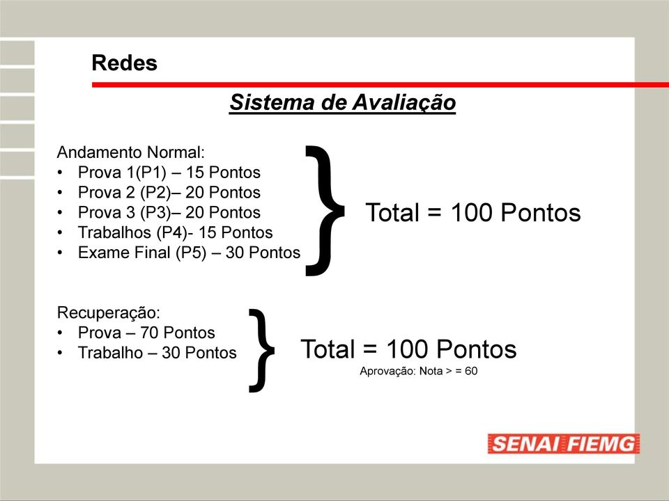 30 Pontos Sistema de Avaliação } Total = 100 Pontos Recuperação: