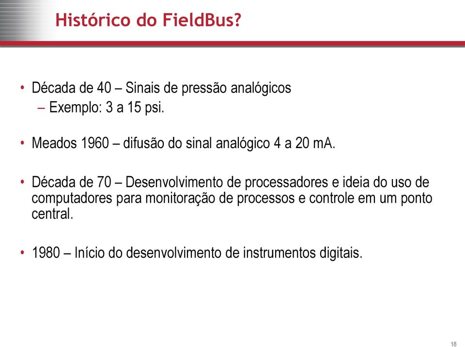 Meados 1960 difusão do sinal analógico 4 a 20 ma.