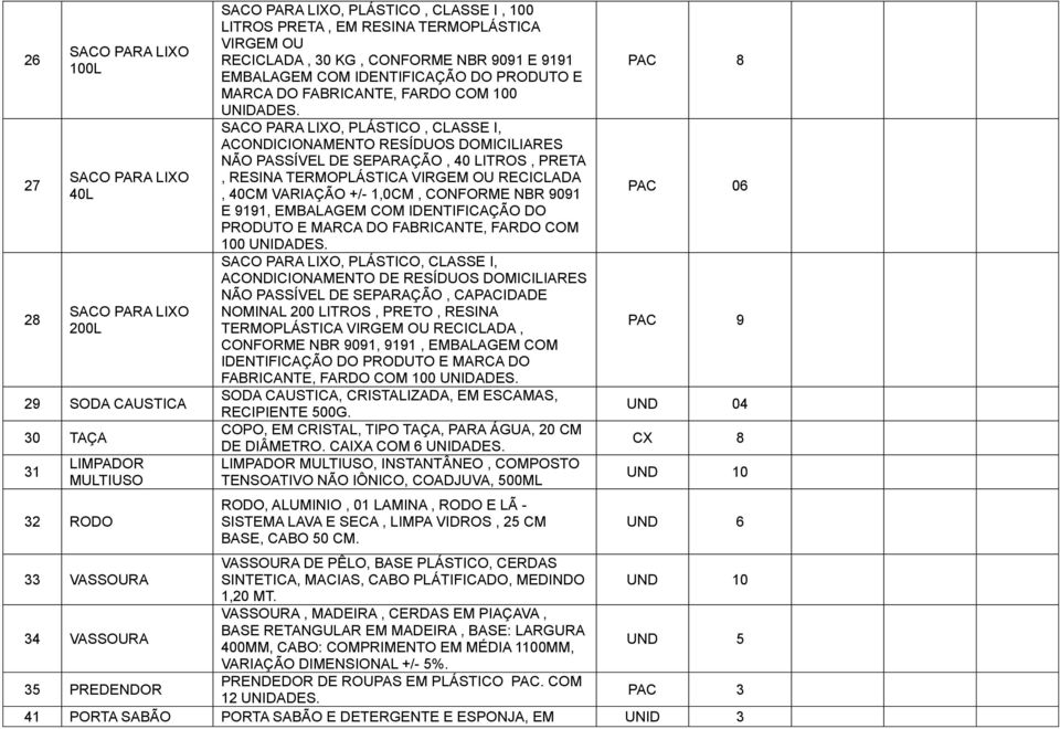 DOMICILIARES NÃO PASSÍVEL DE SEPARAÇÃO, 40 LITROS, PRETA, RESINA TERMOPLÁSTICA VIRGEM OU RECICLADA, 40CM VARIAÇÃO +/- 1,0CM, CONFORME NBR 9091 E 9191, EMBALAGEM COM IDENTIFICAÇÃO DO PRODUTO E MARCA