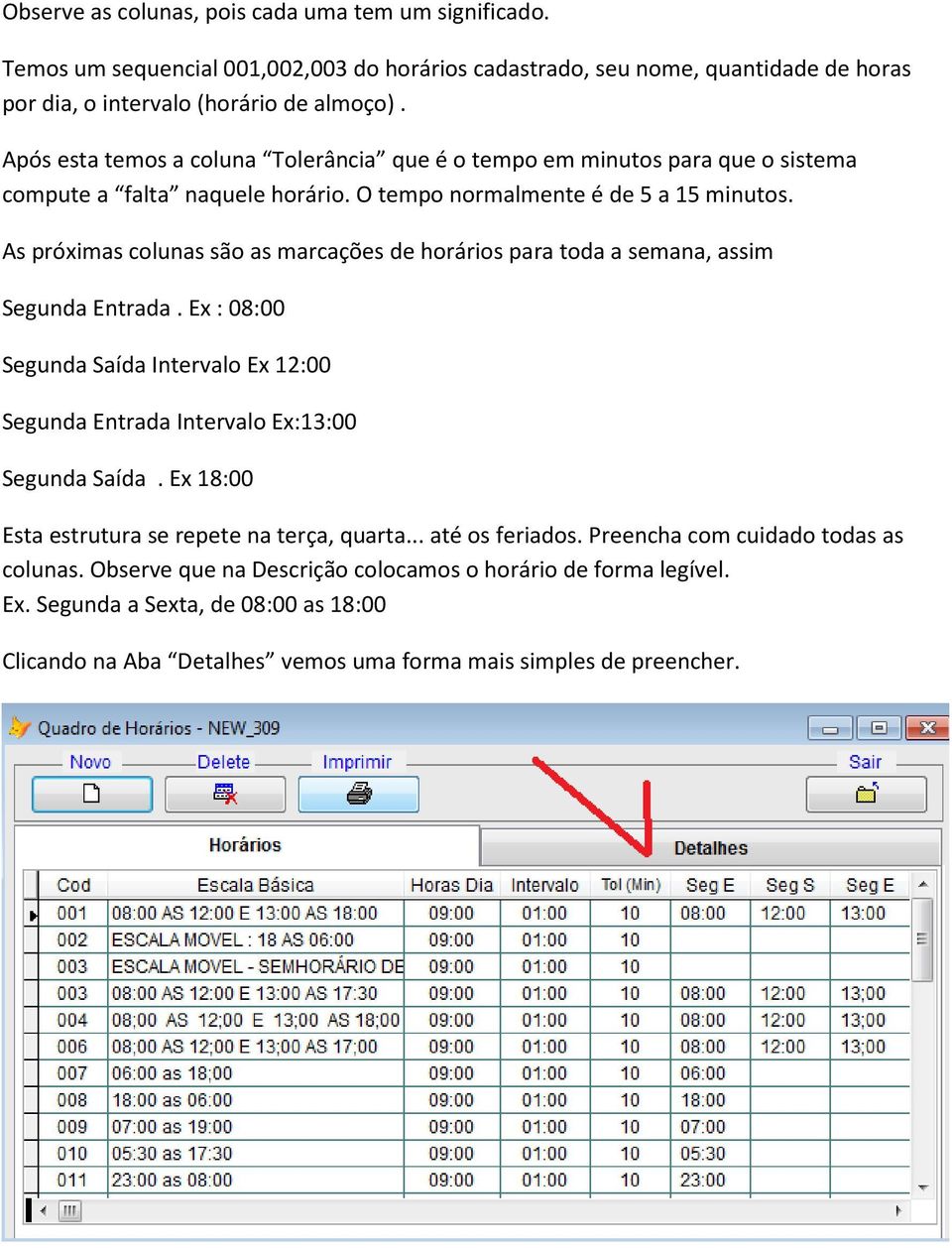 As próximas colunas são as marcações de horários para toda a semana, assim Segunda Entrada. Ex : 08:00 Segunda Saída Intervalo Ex 12:00 Segunda Entrada Intervalo Ex:13:00 Segunda Saída.