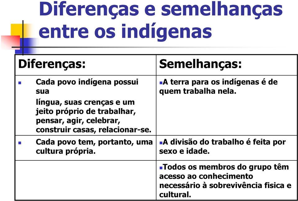 Cada povo tem, portanto, uma cultura própria. Semelhanças: A terra para os indígenas é de quem trabalha nela.