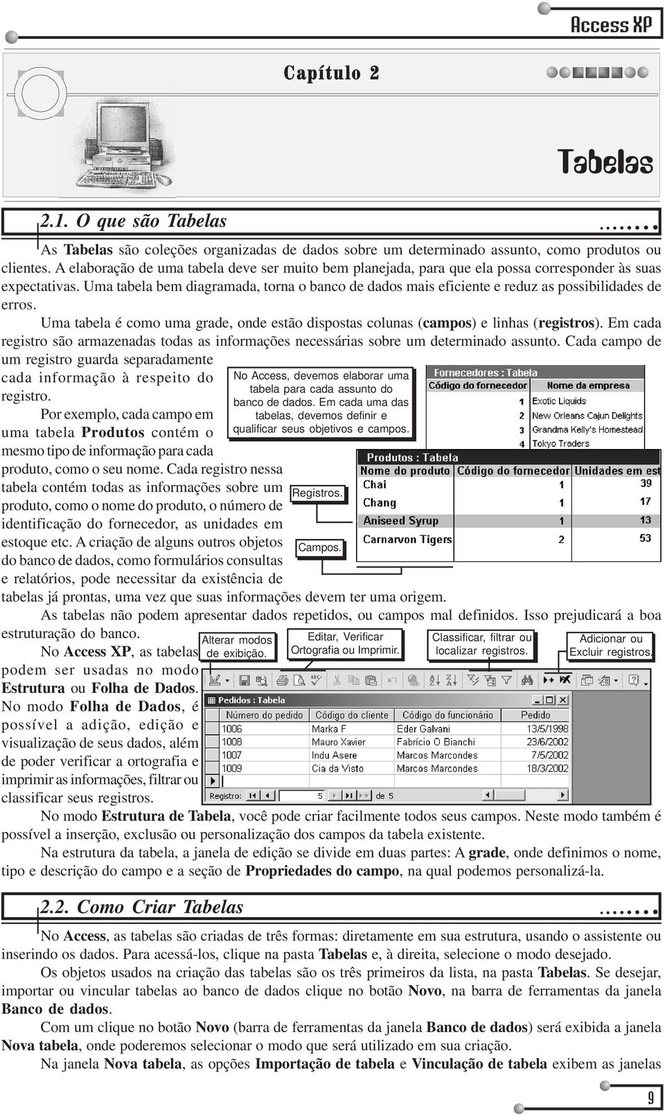 Uma tabela bem diagramada, torna o banco de dados mais eficiente e reduz as possibilidades de erros. Uma tabela é como uma grade, onde estão dispostas colunas (campos) e linhas (registros).