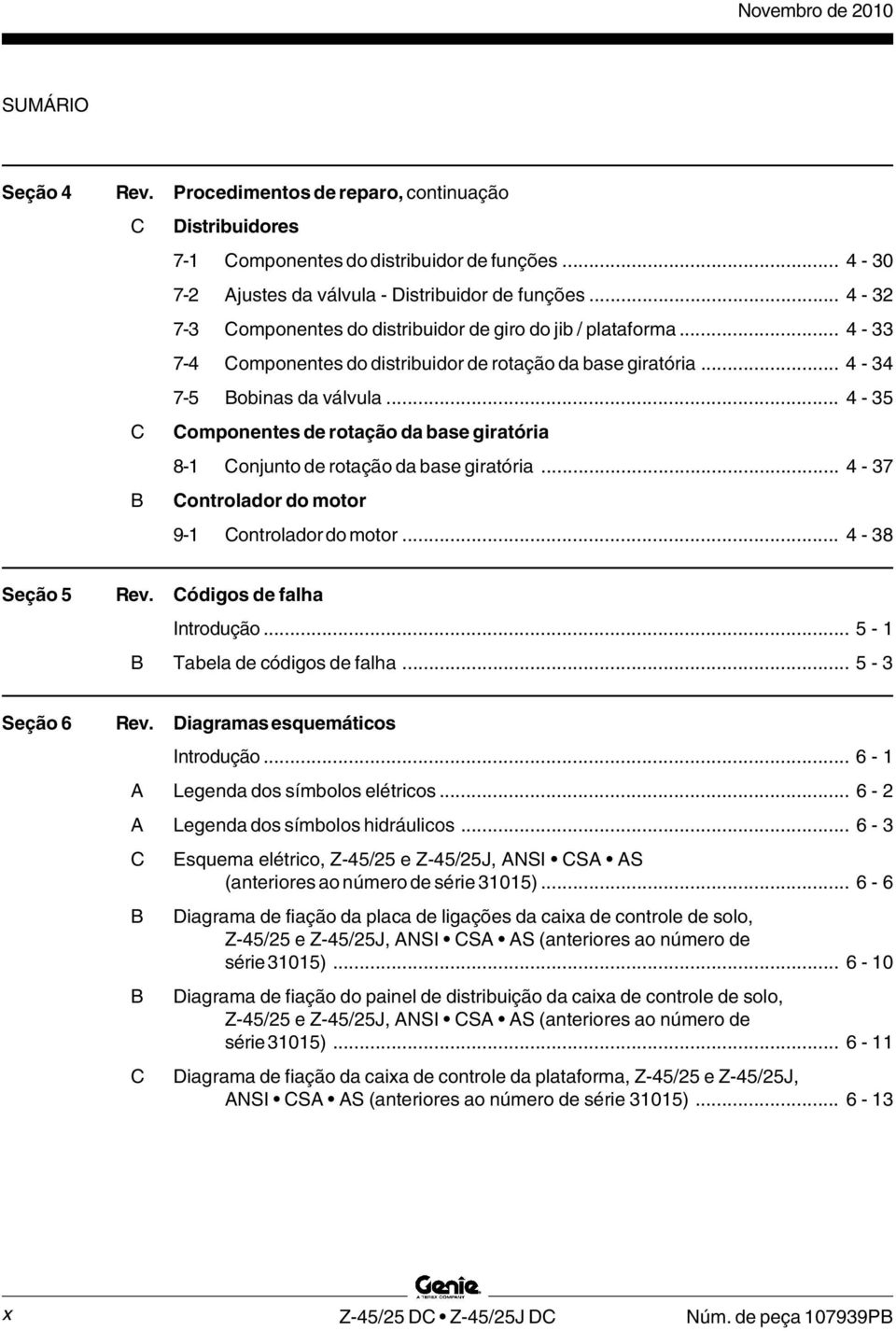 .. 4-35 C Componentes de rotação da base giratória 8- Conjunto de rotação da base giratória... 4-37 B Controlador do motor 9- Controlador do motor... 4-38 Seção 5 Rev. Códigos de falha Introdução.