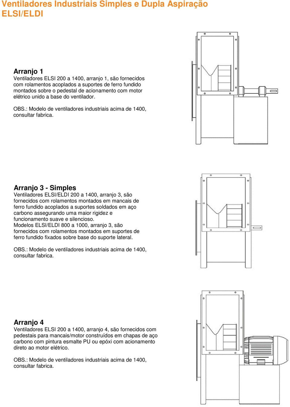 Arranjo 3 - Simples Ventiladores ELSI/ELDI 200 a 1400, arranjo 3, são fornecidos com rolamentos montados em mancais de ferro fundido acoplados a suportes soldados em aço carbono assegurando uma maior