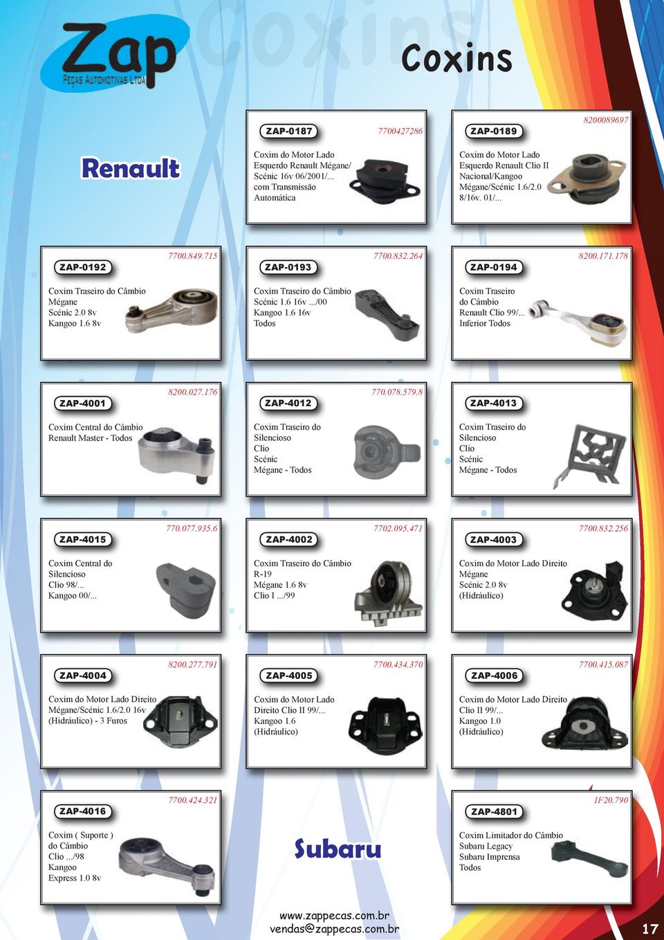 178 Coxim do Câmbio Mégane Scénic 2.0 8v Kangoo 1.6 8v Coxim do Câmbio Scénic 1.6 16v.../00 Kangoo 1.6 16v Coxim do Câmbio Renault Clio 99/... Inferior ZAP-4001 8200.027.176 ZAP-4012 770.078.579.