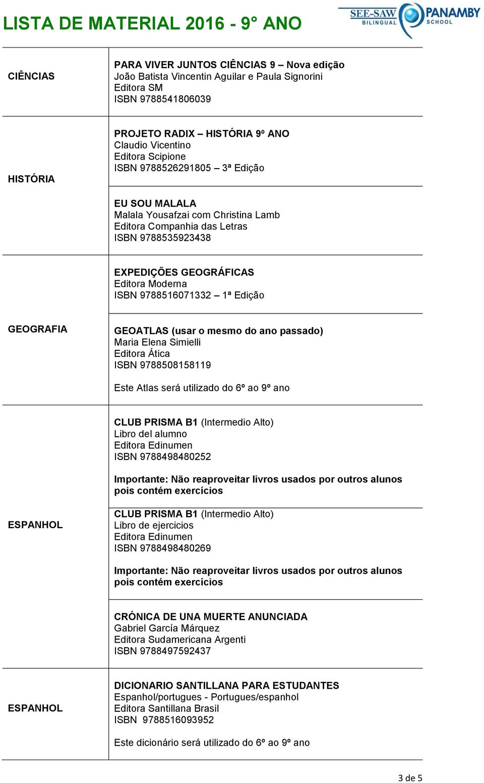 Edição GEOGRAFIA GEOATLAS (usar o mesmo do ano passado) Maria Elena Simielli Editora Ática ISBN 9788508158119 Este Atlas será utilizado do 6º ao 9º ano CLUB PRISMA B1 (Intermedio Alto) Libro del