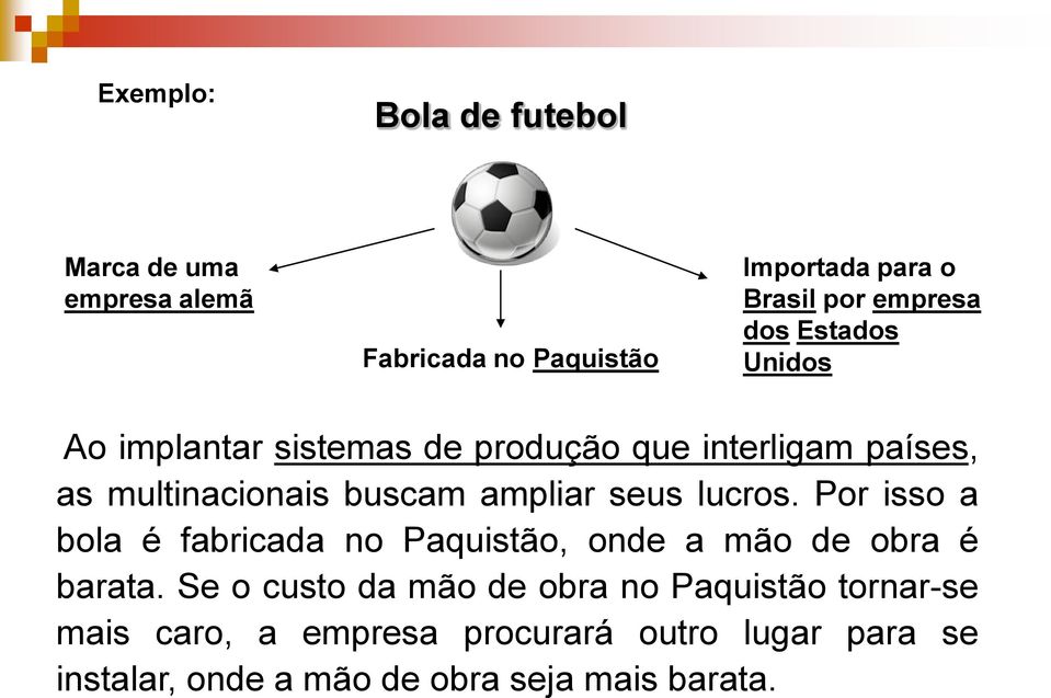 seus lucros. Por isso a bola é fabricada no Paquistão, onde a mão de obra é barata.