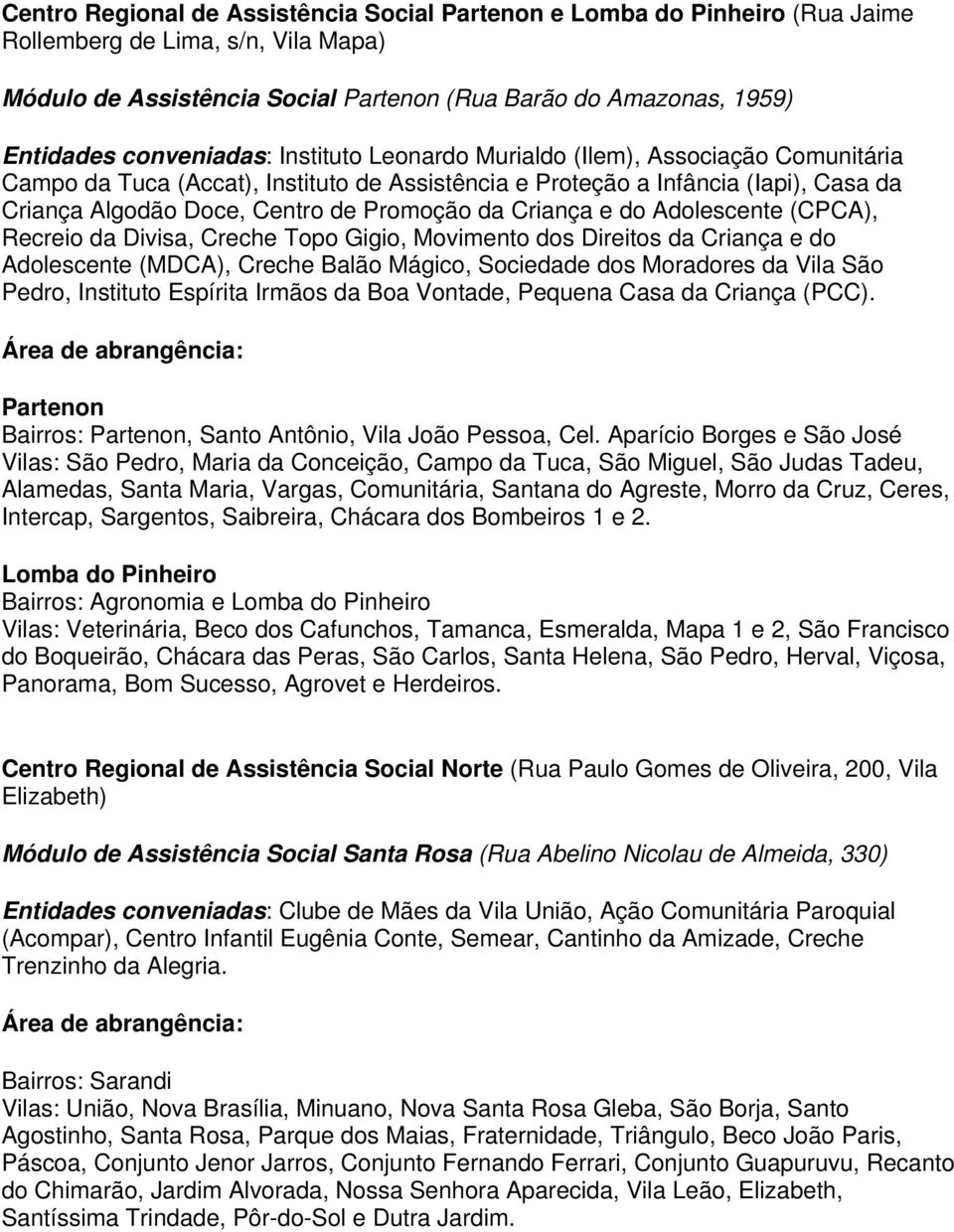 da Criança e do Adolescente (CPCA), Recreio da Divisa, Creche Topo Gigio, Movimento dos Direitos da Criança e do Adolescente (MDCA), Creche Balão Mágico, Sociedade dos Moradores da Vila São Pedro,