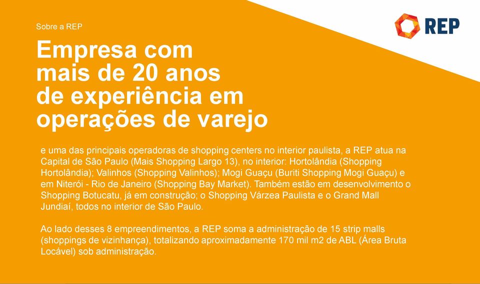 (Shopping Bay Market). Também estão em desenvolvimento o Shopping Botucatu, já em construção; o Shopping Várzea Paulista e o Grand Mall Jundiaí, todos no interior de São Paulo.