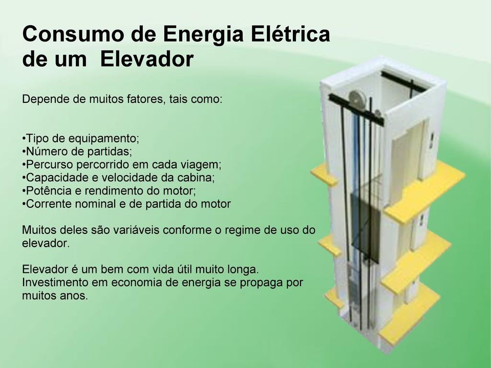 motor; Corrente nominal e de partida do motor Muitos deles são variáveis conforme o regime de uso do elevador.