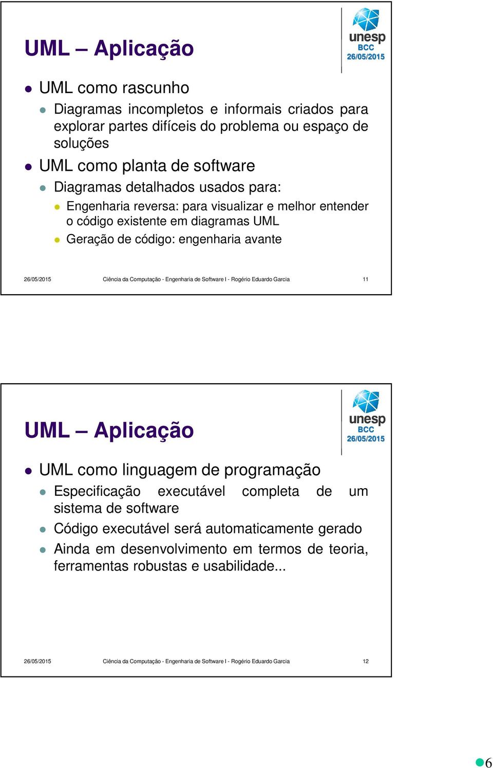Engenharia de Software I - Rogério Eduardo Garcia 11 UML Aplicação UML como linguagem de programação Especificação executável completa de um sistema de software Código executável