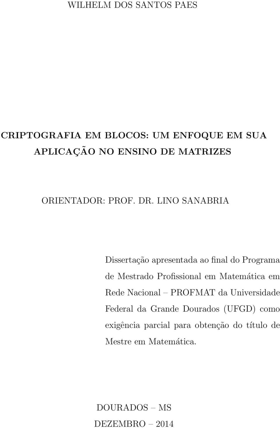 LINO SANABRIA Dissertação aresentada ao final do Programa de Mestrado Profissional em Matemática