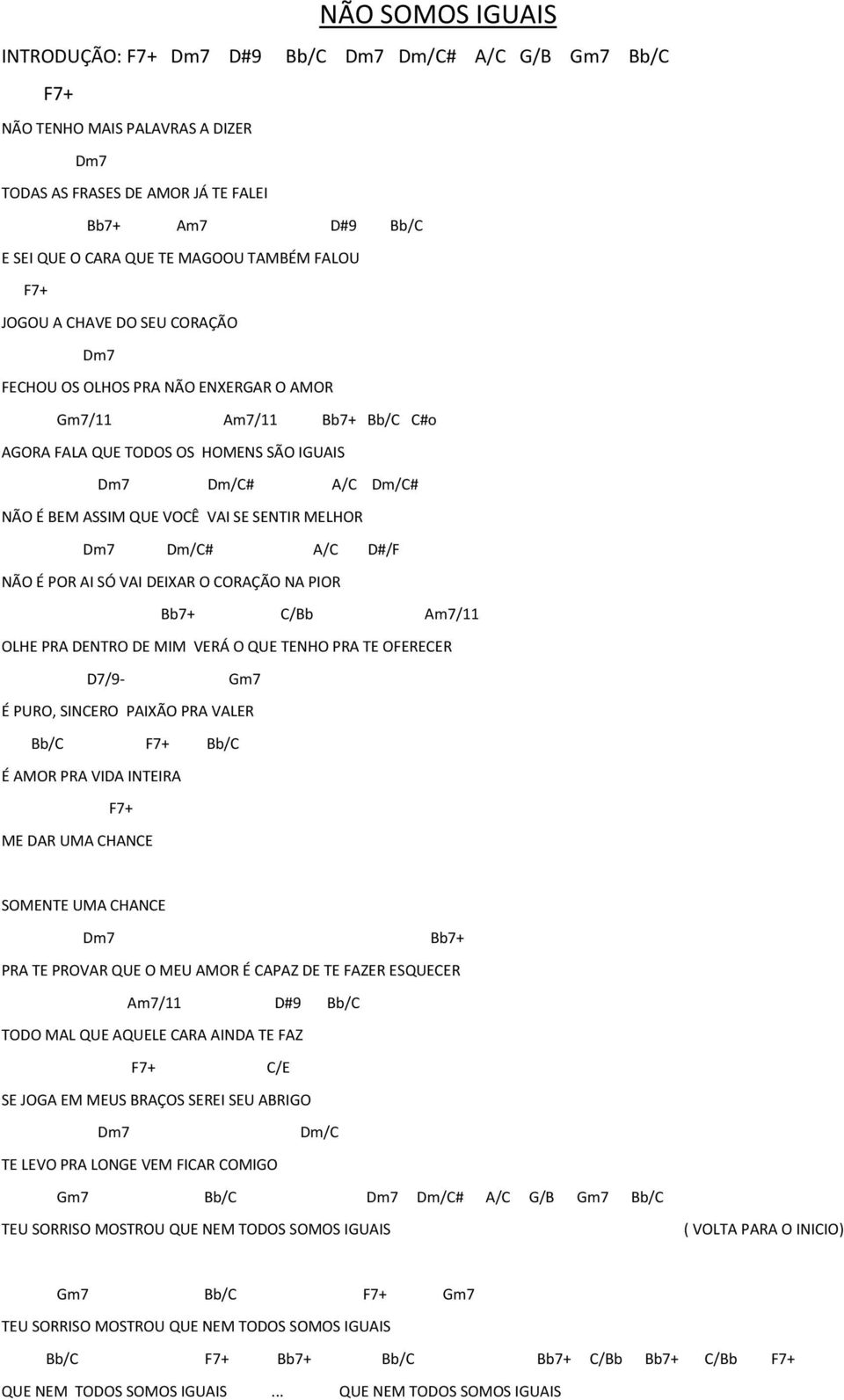 Dm/C# A/C D#/F NÃO É POR AI SÓ VAI DEIXAR O CORAÇÃO NA PIOR Bb7+ C/Bb /11 OLHE PRA DENTRO DE MIM VERÁ O QUE TENHO PRA TE OFERECER D7/9- Gm7 É PURO, SINCERO PAIXÃO PRA VALER Bb/C F7+ Bb/C É AMOR PRA