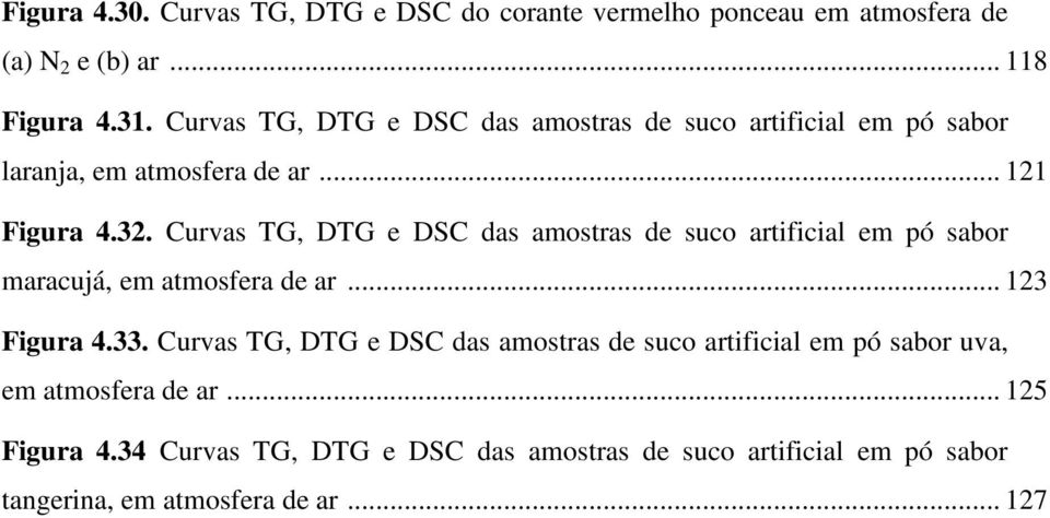 Curvas TG, DTG e DSC das amostras de suco artificial em pó sabor maracujá, em atmosfera de ar... 123 Figura 4.33.