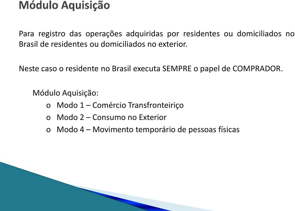 Neste caso o residente no Brasil executa SEMPRE o papel de COMPRADOR.