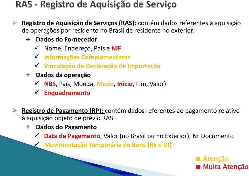 Moeda, Modo, Início, Fim, Valor) Enquadramento Registro de Pagamento (RP): contém dados referentes ao pagamento relativo à aquisição objeto de