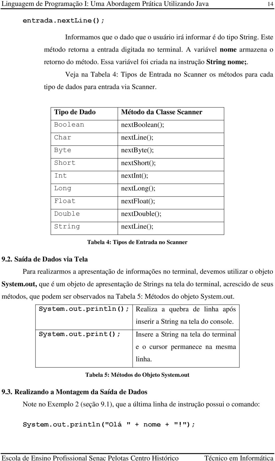 Veja na Tabela 4: Tipos de Entrada no Scanner os métodos para cada tipo de dados para entrada via Scanner.