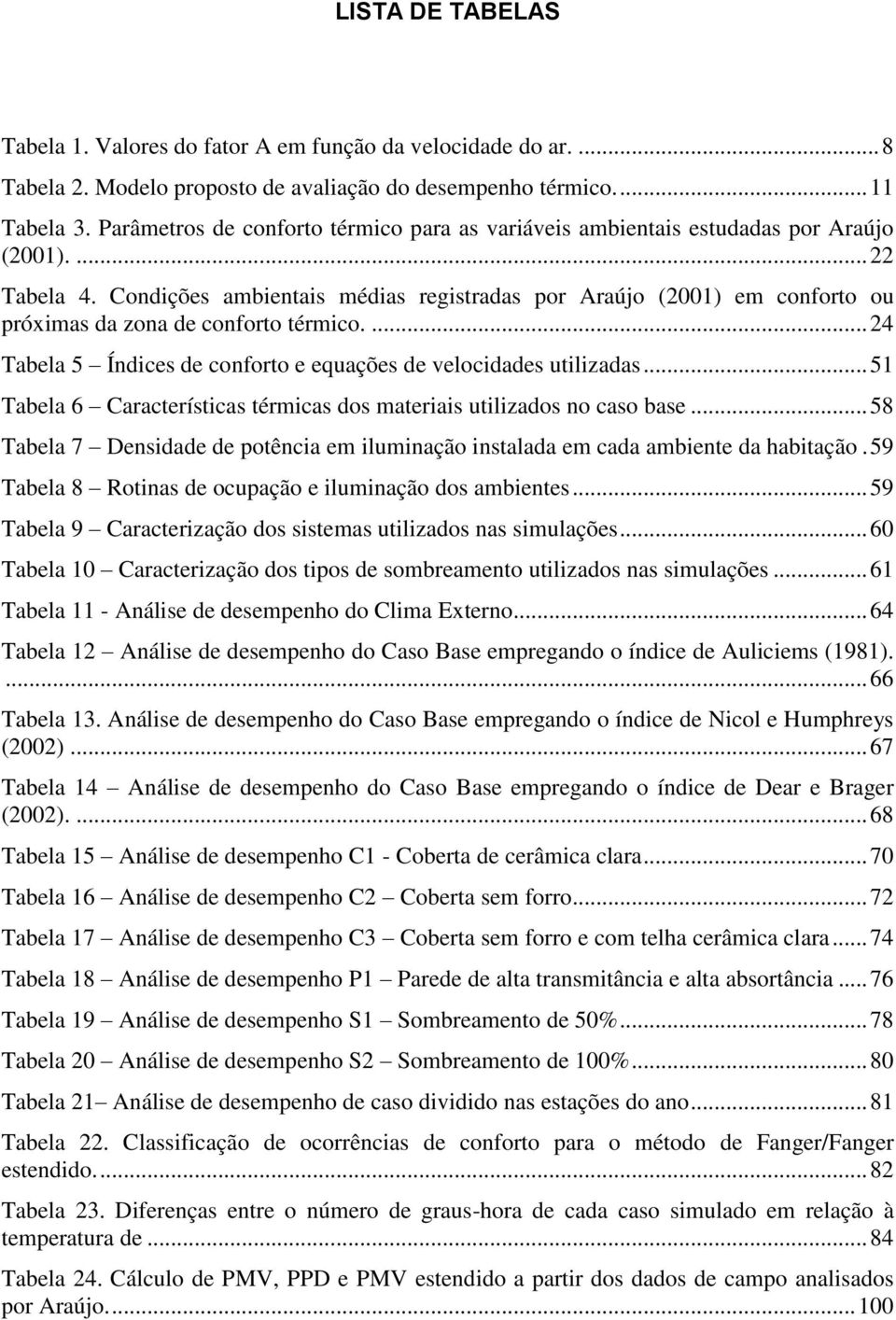Condições ambientais médias registradas por Araújo (2001) em conforto ou próximas da zona de conforto térmico.... 24 Tabela 5 Índices de conforto e equações de velocidades utilizadas.