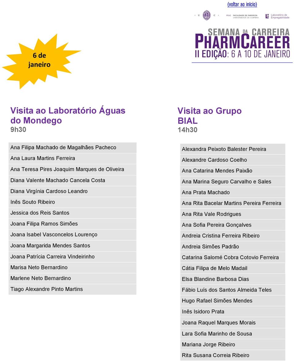 Patrícia Carreira Vindeirinho Marisa Neto Bernardino Marlene Neto Bernardino Tiago Alexandre Pinto Martins Alexandra Peixoto Balester Pereira Alexandre Cardoso Coelho Ana Catarina Mendes Paixão Ana