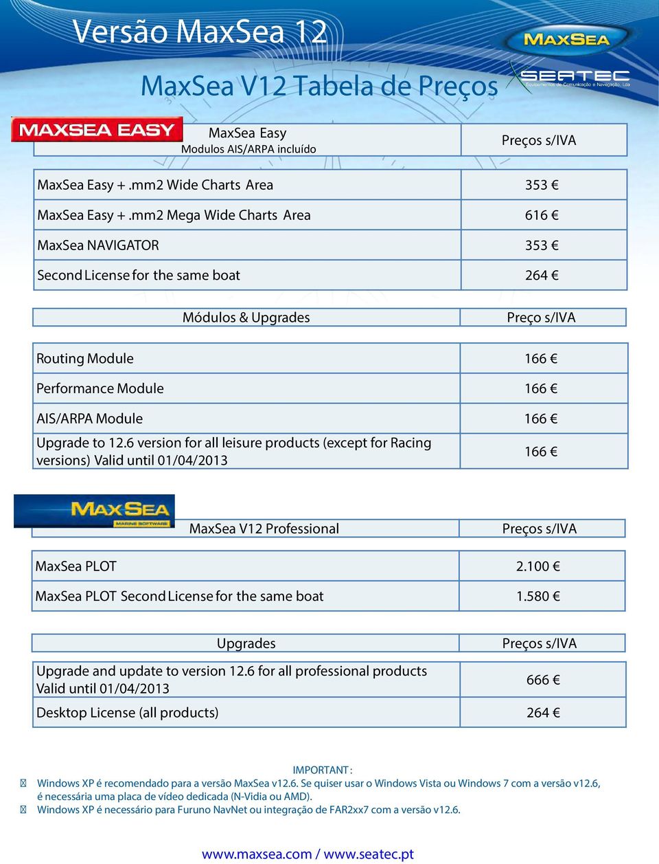 6 version for all leisure products (except for Racing versions) Valid until 01/04/2013 MaxSea V12 Professional MaxSea PLOT 2.100 MaxSea PLOT Second License for the same boat 1.