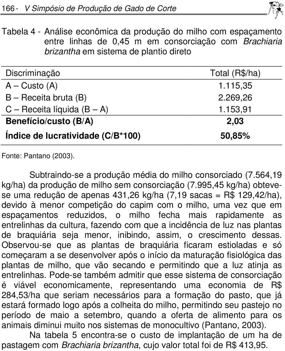 153,91 Benefício/custo (B/A) 2,03 Índice de lucratividade (C/B*100) 50,85% Fonte: Pantano (2003). Subtraindo-se a produção média do milho consorciado (7.